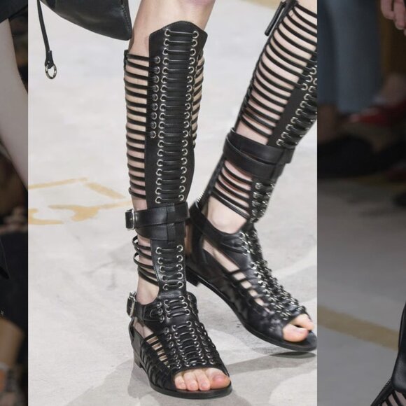 38/US8❤️ Diesel Black Gold Leather GLADIATOR Flat Heels Sandals Boots ITALY - Picture 1 of 12